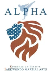 ALPHA Kyunghee University Taekwondo Martial Arts logo with blue eagle symbol and brown lion head design