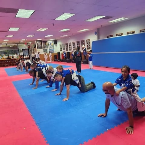Children in martial arts class performing plank exercises on a padded mat in a gym with blue and red flooring